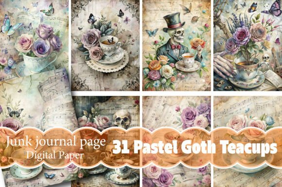Download Pastel Goth Teacups Junk Journal Pages - Page Collection