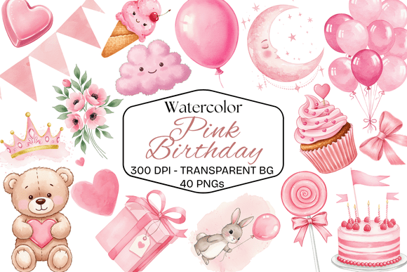 Download Watercolor Pink Birthday Graphics Kit - Graphics kit Collection
